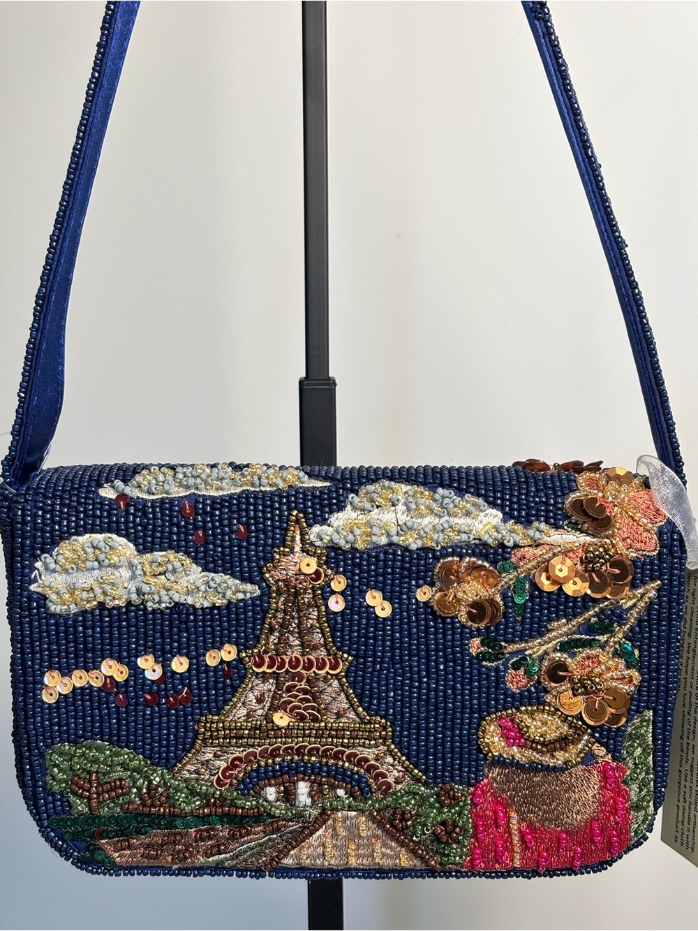 Beaded Navy Paris Scene Shoulder Bag